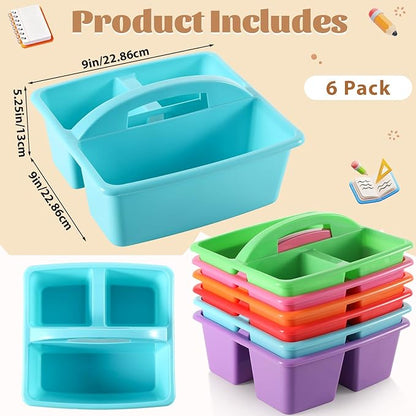 6 Pack 3 Compartment Small Caddy Plastic Classroom Organizer with Handle Portable Teacher Supply Storage Caddy Craft Art Caddies for Pencil, Crayon, Marker, Home, Office, School Supplies(Classic)