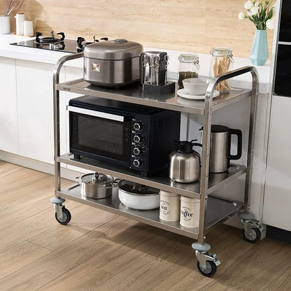 VEVOR Kitchen Utility Cart, 3 Tiers, Wire Rolling Cart with 220LBS Capacity, Steel Service Cart on Wheels, Metal Storage Trolley with 80mm Basket Curved Handle PP Liner 6 Hooks, for Indoor and Outdoor