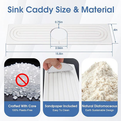 Kitchen Sink Faucet Mat, Water Absorbent Diatomite Stone Sink Tray, Diatomite Fast-Drying Faucet Mat, Prevents Moisture Buildup, Durable Protector for Bathroom Counter, White, 15.8" x 4"
