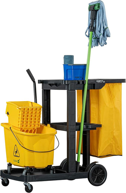 Restaurantware-Clean Tek Professional Janitor Cart with Wheels, 1 Cleaning Trolley with 18 Gallon Bag - 3 Shelves, Heavy-Duty, Black Plastic Commercial Janitorial Cart, for Restaurants