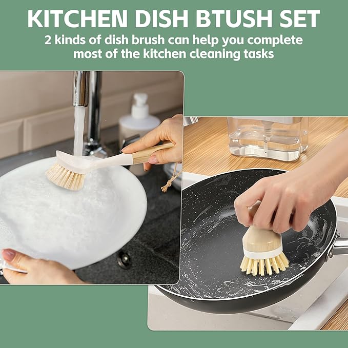 4 PCS Kitchen Dish Scrub Brush Set - Dish Scrubber Brush with Long Handle Build-in Scraper for Stubborn Stains, Kitchen Scrub Bushes with Durable Bristle for Pots, Pans