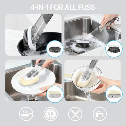 Soap Dispensing Scrub Brush - 4-in-1 Kitchen Cleaning Brush with Built-in Tank, Scraper Heads for Stubborn Grime on Pots Pans, Stand/Hang Storage-Grey