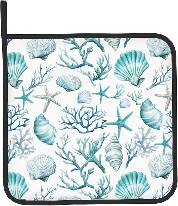 Nautical Oven Mitts and Pot Holders Sets Coastal Kitchen Mitts Potholders 2PCS Summer Starfish Seashell Coral Beach Oven Gloves Hot Pads for BBQ Grilling