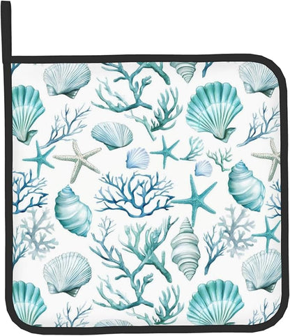 Nautical Oven Mitts and Pot Holders Sets Coastal Kitchen Mitts Potholders 2PCS Summer Starfish Seashell Coral Beach Oven Gloves Hot Pads for BBQ Grilling