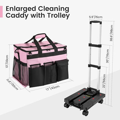 Housolution Extra Large Rolling Cleaning Caddy Bag with Detachable Trolley, Upgraded 360° Free Rotating with 5 Wheels and Dust-Proof Lid, Professional Cleaning Supplies Bag for Housekeepers, Pink