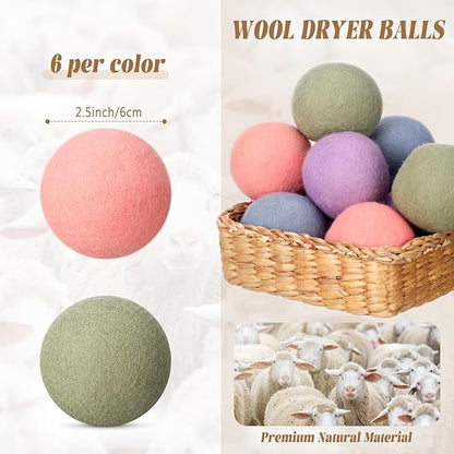 26 Pcs Wool Dryer Balls 2.5 Inch 4 Colors Laundry Balls for Dryer Reusable Natural Fabric Softener with Bags Reduce Wrinkles Static Drying Time Clothes Laundry