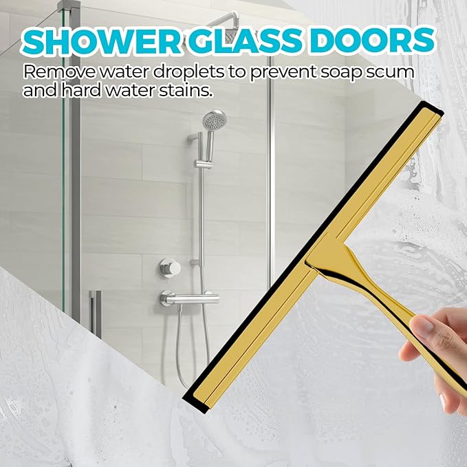 ALFLOD 2PACK All-Purpose Shower Squeegee for Shower Doors, Bath Linen Sets, Tile Shower Walls, Bathroom, Window, Glass and Car Windshield, Mirrors and Kitchen-Stainless Steel,9.8 inch Golden