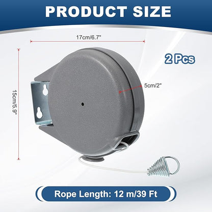 uxcell 2 Pcs 39ft Retractable Clothesline Outdoor Indoor, Heavy Duty PVC Clothes Line Retracting Laundry Line with 12 Pcs Clothespins for Wet Dry Clothing, Gray
