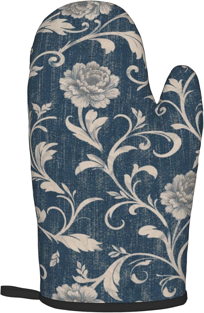 Navy Blue Oven Mitts and Pot Holders Vintage Floral Kitchen Accessories Set of 2 Teal Flowers Gloves Potholder for Chef Cooking Baking Grilling BBQ