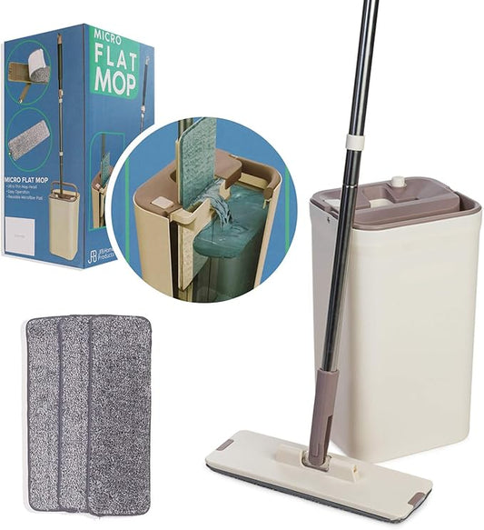 JFB Home Products Micro Flat Mop & Bucket System, Hands-Free Wringing Floor Cleaning, 3 Washable & Reusable Microfiber Pads, Wet or Dry Usage on Wood, Marble, Tile, Laminate, Ceramic and Vinyl Floors