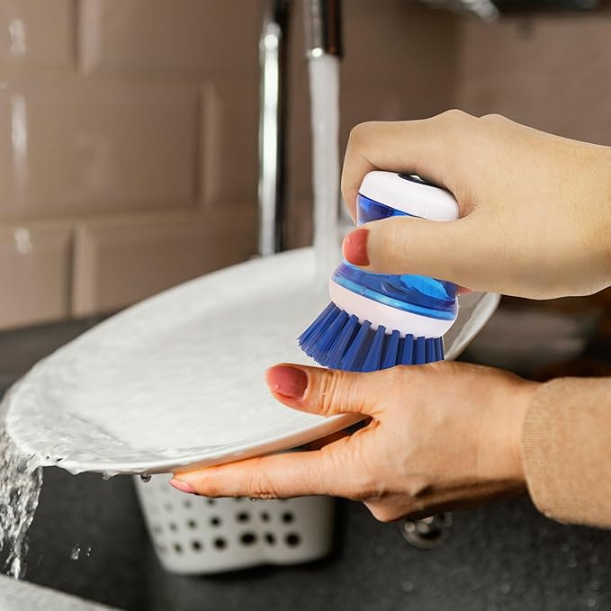 Dish Scrubber with Soap Dispenser, 3 Pack Soap Dispensing Palm Brush for Kitchen Sink Pot Pan, Color Coded Dishwashing Scrub Brush Set (Gray, Blue, Orange), Non-Scratch Cleaning Tool