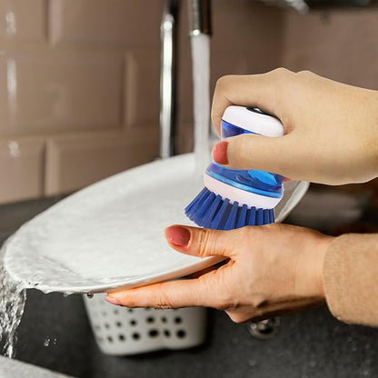 Dish Scrubber with Soap Dispenser, 3 Pack Soap Dispensing Palm Brush for Kitchen Sink Pot Pan, Color Coded Dishwashing Scrub Brush Set (Gray, Blue, Orange), Non-Scratch Cleaning Tool