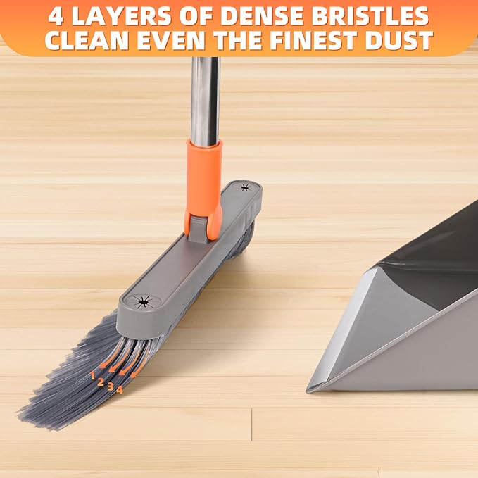 Broom and Dustpan Set, 51 inch Long Adjustable Handle Angle Broom and Dustpan Combo Set with Double Dustpan Teeth to Clean Hair for Home Kitchen Office Lobby Floor Garden, Orange&Grey