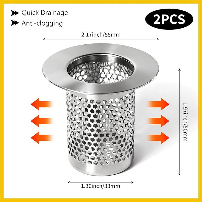 Bathroom Sink Drain Strainer, 304 Stainless Steel Hair Catcher for Bathtub Shower Floor Drain, Bathtub Drain Cover Strainer Basket Fit 1.3" to 2.17" Drain Hole (2PCS)
