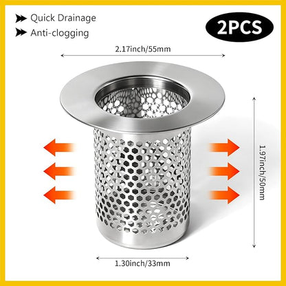 Bathroom Sink Drain Strainer, 304 Stainless Steel Hair Catcher for Bathtub Shower Floor Drain, Bathtub Drain Cover Strainer Basket Fit 1.3" to 2.17" Drain Hole (2PCS)