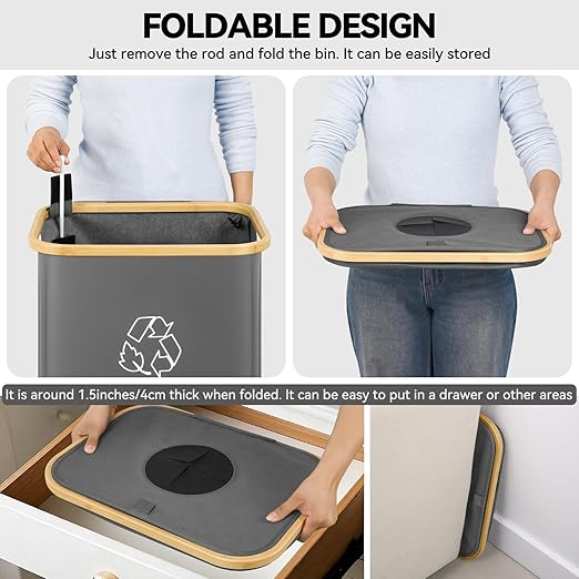 Recycling Bin for Kitchen, 26 Gallon 100L Indoor Home Recycle Bin with Lid and 2 Removeable Reusable Inner Bags, for Bottles, Cans, Glass, Plastic & Stickers, Grey