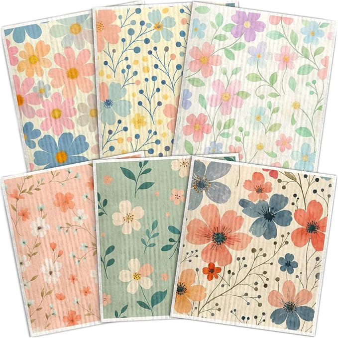 Swedish Dishcloths for Kitchen – 6 Pack Cellulose Reusable Cleaning Paper Towels – Soft, Quick-Drying, Washable Dish Rags for Kitchen, Counters & More (Pastel Floral)