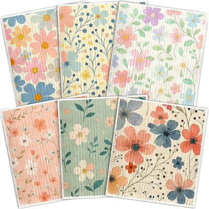 Swedish Dishcloths for Kitchen – 6 Pack Cellulose Reusable Cleaning Paper Towels – Soft, Quick-Drying, Washable Dish Rags for Kitchen, Counters & More (Pastel Floral)