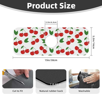 Fruit Cherry Red Cherries Leaves Leaf White Kitchen Sink Splash Guard Faucet Mat Super Absorbent Fast Drying Mat Sink Gadgets-Fast Drying Pad Sink Mat For Kitchen Bathroom (15" X 5.5" )