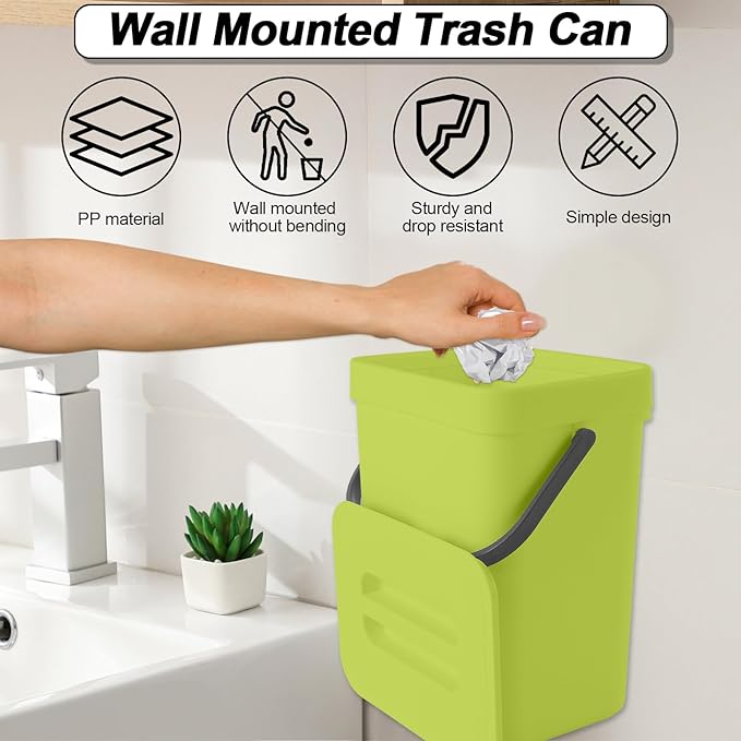 1.3 Gallon/5L Compost bin Kitchen, for use on countertops or Under Sinks, Hanging Trash can with lid, for Cupboard/Bathroom/Bedroom/Office/Camping, Mountable Indoor Compost Bucket(Green)
