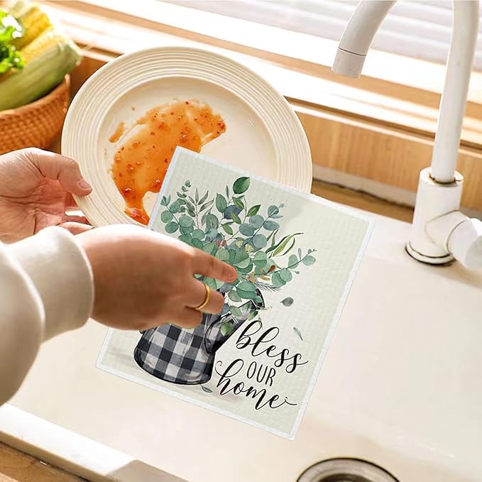 Bless This Home Swedish Dishcloths for Kitchen, Home Sweet Home, Swedish Dish Cloths for Home, Papaya Reusable Paper Towels, 4 Pack Dish Towels for Kitchen, Reusable Paper Towels Washable