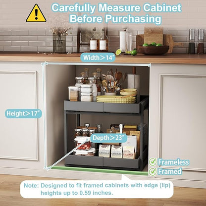 Golener 2-Tier Expandable Pull Out Cabinet Organizer - 21" Deep Pull-Out Drawers for Kitchen Cabinets, 2 Slide Home Storage Organizers, Slide Out Shelves for Base Cabinet Organization in Kitchen,Black