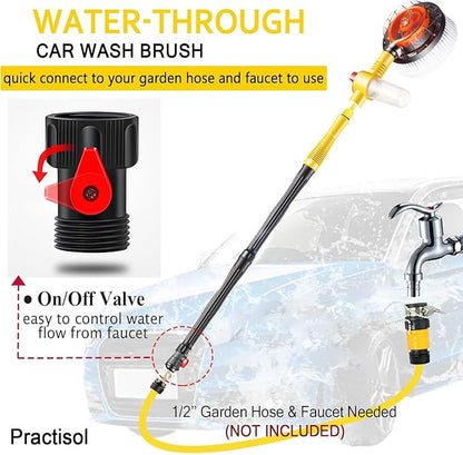 Rotating Car Wash Brush with Soap Dispenser, Automatic Rotary Car Wash Mop Soft Exterior Car Cleaning Brush Kit Garden Hose Flow Through Scrub Brush to Wash Car Truck RV (Long Handle)