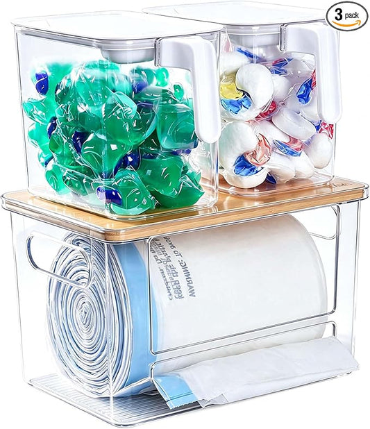 iCASA Trash Bag Dispenser Organizer - Large 3 in 1 Garbage Bag Dispenser Holder Dishwasher Pods Container, Clear Under Kitchen Sink Organizer, 2pcs Laundry Detergent Pods Storage Box with Handle