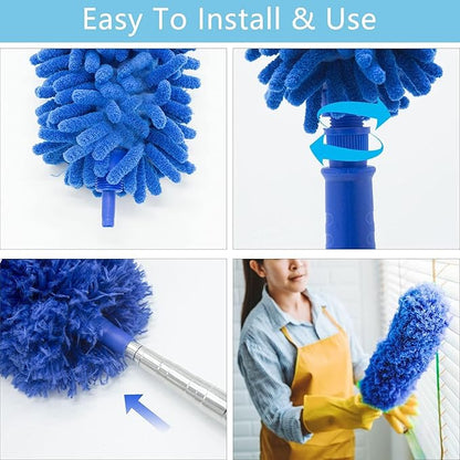 Buysenton Cobweb Duster with Extension Pole, Washable Cleaning Duster Kit with 3 Duster Heads, Cobweb Duster, Corner Brush, 15-100 Inch Long Aluminum Telescoping Pole for Ceiling Fan (Blue)
