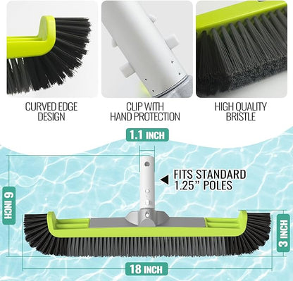 18" Pool Brush Head for Cleaning Swimming Pool Walls, Curved Ends High-Efficiency Scrub Brush for Tile, Flooring and Vinyl Pools, Fiberglass, Fits Φ1.25” Poles (Green & Black & Dark Gray)