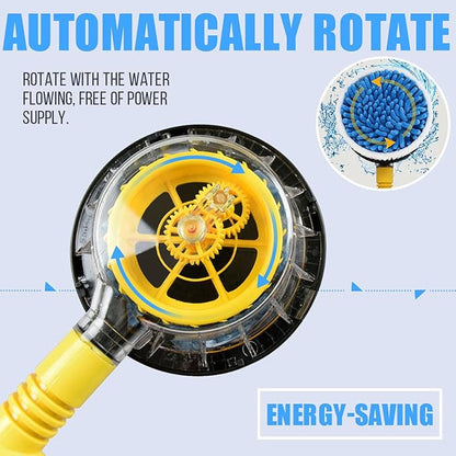 Rotating Car Wash Brush with Soap Dispenser & Hose Attachment, Soft Bristle Car Spin Mop Washing Scrub Brush Long Handle, Water Flow Through High Pressure Car Cleaning Brush Kit (Yellow)