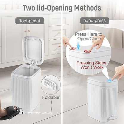 rejomiik Small Bathroom Trash Can with Lid 1.9 Gallon Step Trash Can Slim Garbage Can with Soft-Close Waste Bin for Bathroom, Bedroom, Office, Dorm, RV, White