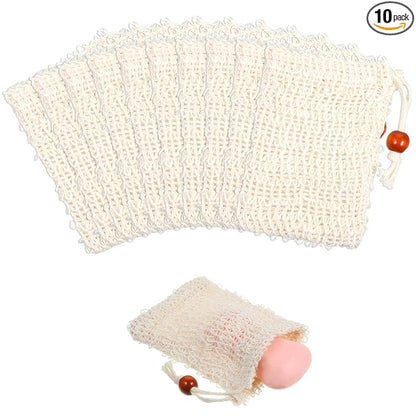 Soap Bag 10 Pcs Natural Sisal Soap Saver Bags Mesh Net Saver Pouch Exfoliating Foaming Drying Soaps Holder Handmade Bag with Drawstring for Bath Shower Massaging and Scrubbing