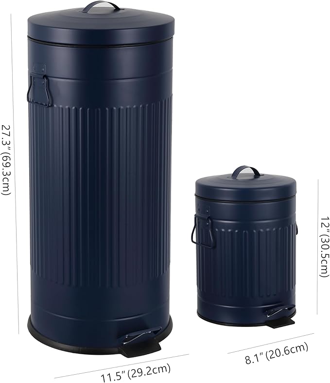happimess HPM1018D Theo Retro 8-Gallon Step Trash Can with Soft-Close Lid and Free Mini Trash Can for Home, Kitchen, Bathroom, Living Room, Office, Denim Blue