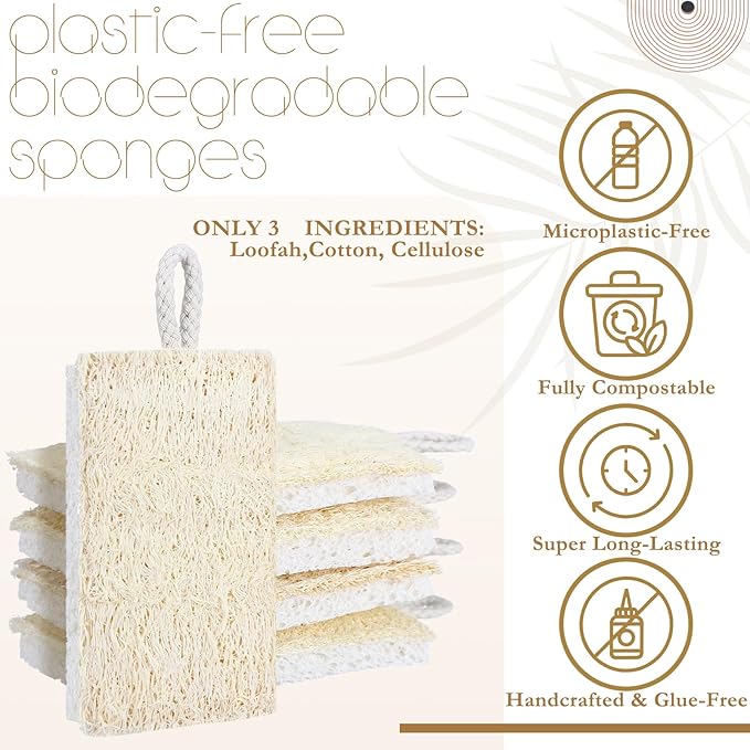 Sliner 12 Pack Natural Kitchen Sponges Compostable Cellulose Dish Scrubbers, Biodegradable Scrub Brushes Reusable Cleaning Loofah for Dishes Pots Pans Kitchen Bathroom Household