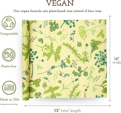 Bee's Wrap Vegan Beeswax Wraps for Food - Cut to Size 14x52" Beeswax Wrap Roll - Plastic Free Made in USA Reusable Natural Food Wrap - Herb Garden
