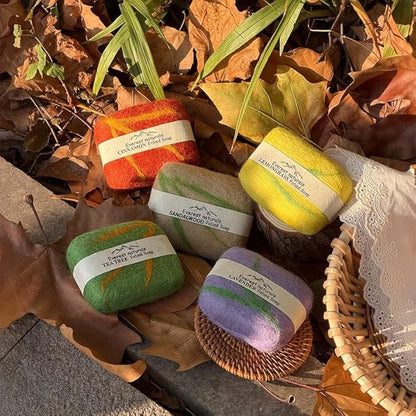 Handmade Felted Soap with Tibetan Yak Milk & Wool Natural Exfoliating Bar for Face & Body, 6 Scents, Includes Bamboo Dish & Travel Pouch (Cinnamon)