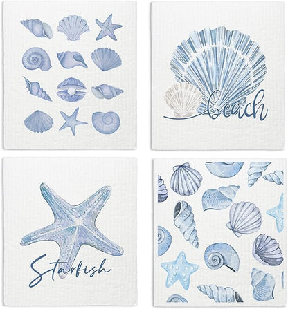 Beach Ocean Swedish Dishcloths for Kitchen, Shells Swedish Dish Cloths for Ocean, 4 Pack Dish Towels for Kitchen, Papaya Reusable Paper Towels Washable