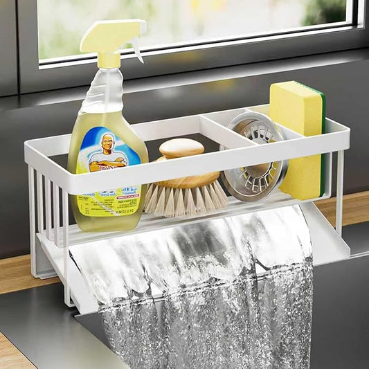 Kitchen Sink Caddy Organzier with Sponge Holder and Removable Drip Tray for Kitchen Sink, 304 Stainless Steel Organize for Sponge Soap Dish Brush Storage Accessories(White)