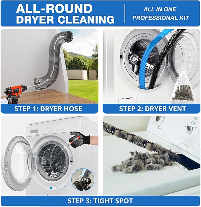 PetOde 22-piece 40-Feet Dryer Vent Cleaner Kit, Dryer Vent Cleaning Kit Lint Remover with Dryer Vent Brush, Vacuum Hose Attachment Cleaning Tools, Flexible Lint Trap Brush, Vacuum & Dryer Adapters