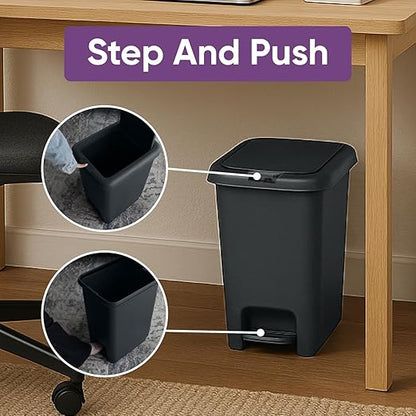 Superio 10L Slim Step & Push Trash Can - 2.7 Gallon Dual Opening, Compact Design (10.63"x7.68"x13.53") - Black