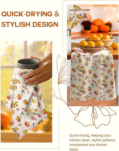 Miss Adola Flour Sack Kitchen Towels Set of 2-18x26 Inch Dish Towels with Hanging Loop Autumn Fall Absorbent Reusable Cotton Cloths for Cleaning Cute Design Home Decor Housewarming, Pumpkin Leaf