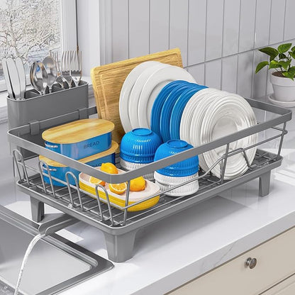 Urackify Dish Drying Rack for Kitchen Counter, Sink Dish Rack with Drainboard 12.2" W x 16.5" L, Large Dish Drainer with Cutlery Holder, Home Countertop Plate Dryer Storage Rack, Gray