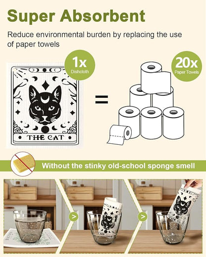 Miss Adola 8 Pack Reusable Kitchen Dishcloths - Absorbent, Fast Drying, Washable Swedish Towels with Cute Black Skull Design