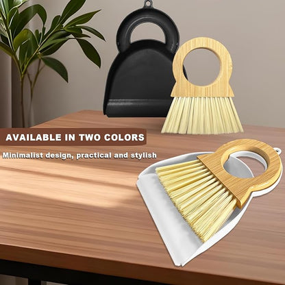 Mini Broom and Dustpan Set - Compact Bamboo Handle Cleaning Kit with Mini Dustpan Brush for Countertops, Tables, Desks - Small Dust Pan and Broom Combo for Tiny Spaces (Black)