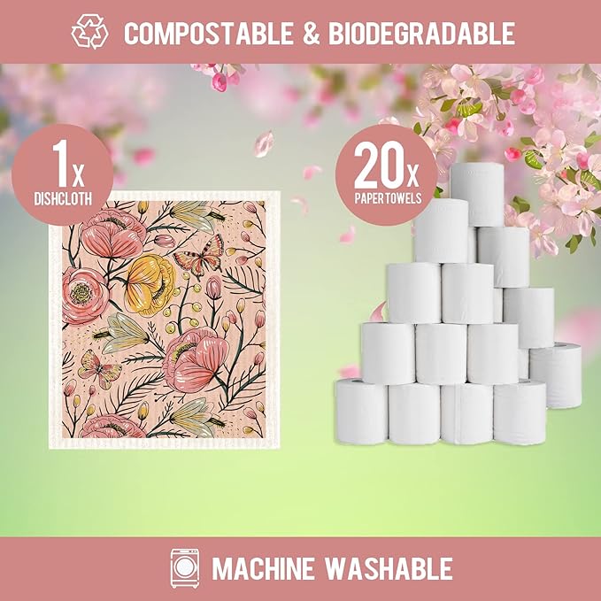 Swedish Dishcloths for Kitchen,6 Pack Swedish Dish Towels,Cellulose Sponge Cloths,Non Scratch Reusable Paper Towels, Biodegradable and Reusable Kitchen Dish Rags (Watercolor Floral)