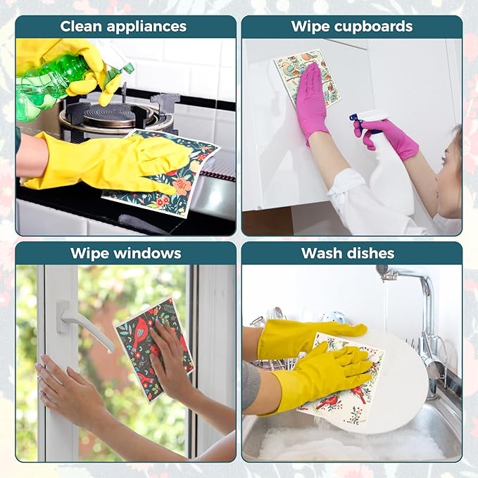 wlich 5PCS Swedish Dishcloths for Kitchen, Reusable Dish Rags for Washing Dishes with Clips, Non-Scratch Kitchen Towels and Dishcloths Sets, Washable Swedish Dish Cloths, No Odor(Birds Flowers)