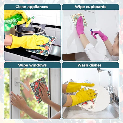 wlich 5PCS Swedish Dishcloths for Kitchen, Reusable Dish Rags for Washing Dishes with Clips, Non-Scratch Kitchen Towels and Dishcloths Sets, Washable Swedish Dish Cloths, No Odor(Birds Flowers)