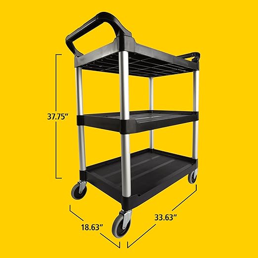 Rubbermaid Commercial Products Heavy Duty 3-Shelf Rolling Service/Utility/Push Cart, 200 lbs. Capacity, Black, for Foodservice/Restaurant/Cleaning/Warehouse/Garage