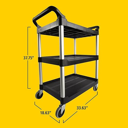 Rubbermaid Commercial Products Heavy Duty 3-Shelf Rolling Service/Utility/Push Cart, 200 lbs. Capacity, Black, for Foodservice/Restaurant/Cleaning/Warehouse/Garage